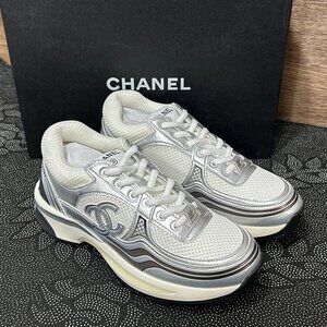 Chanel Silver and White Sneakers